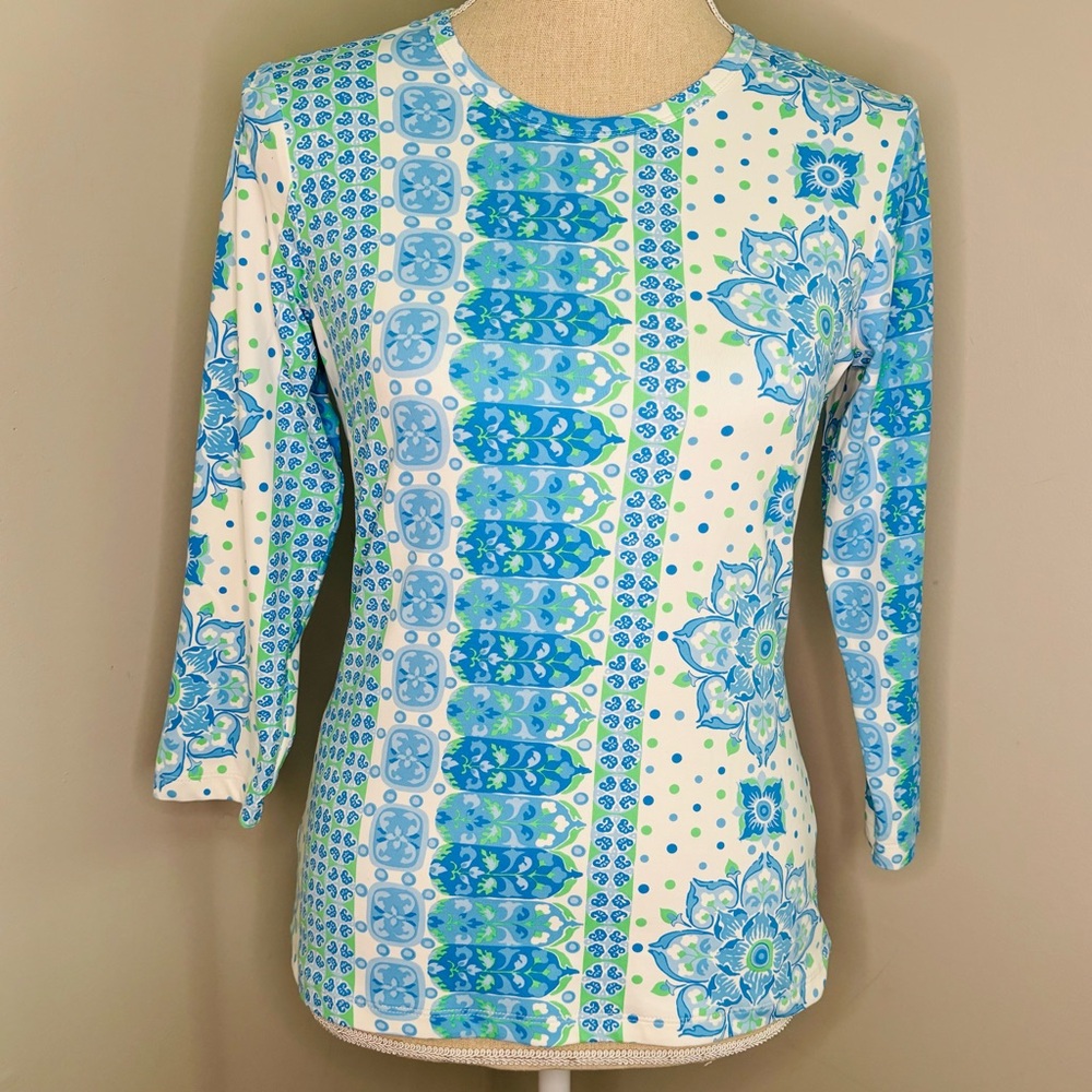 J McLaughlin blue & green floral geometric Signature Top 3/4 sleeve size XS